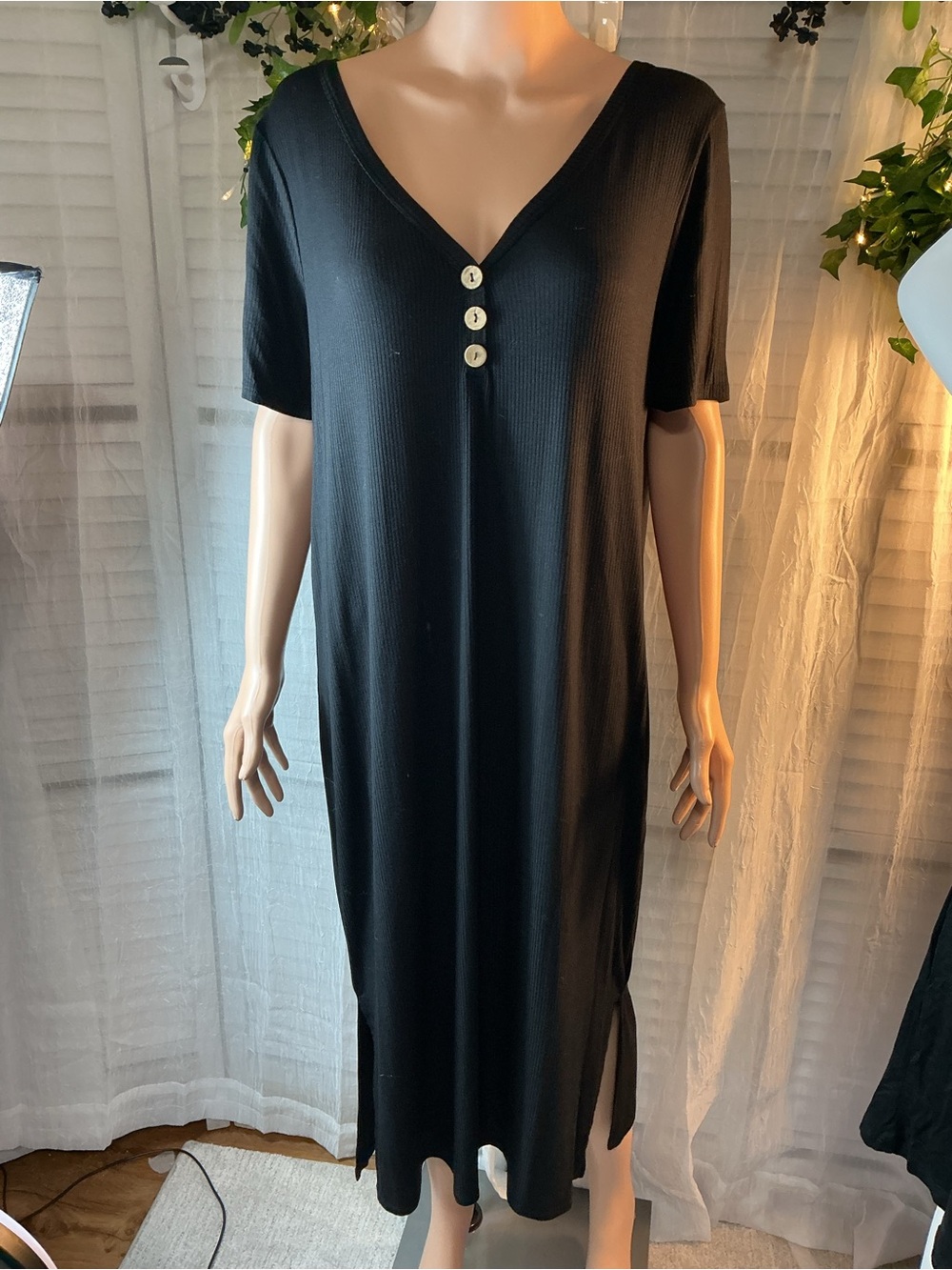 a.gain Women's Black V-Neck  Dress with Button Detail NWOT